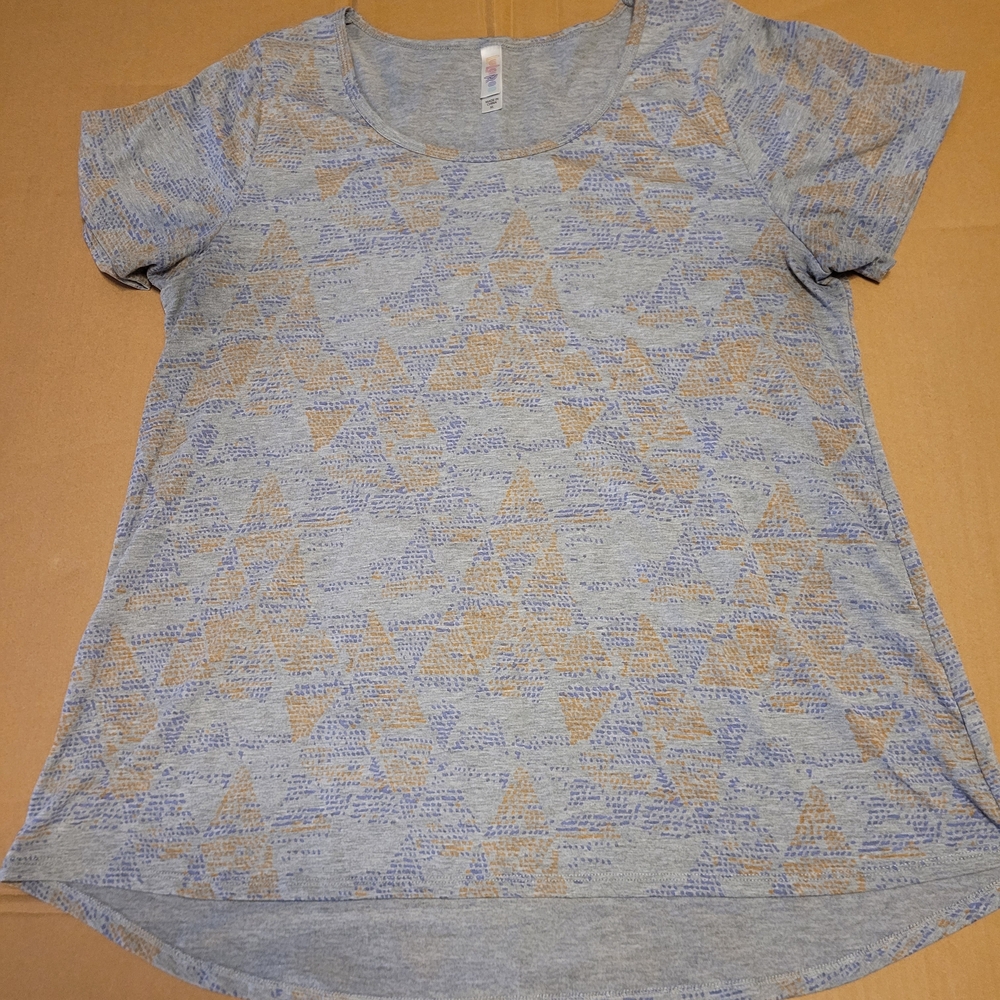 LuLaRoe Gray, Blue and Orange Geometric Short Sleeve Top Sz. XLg